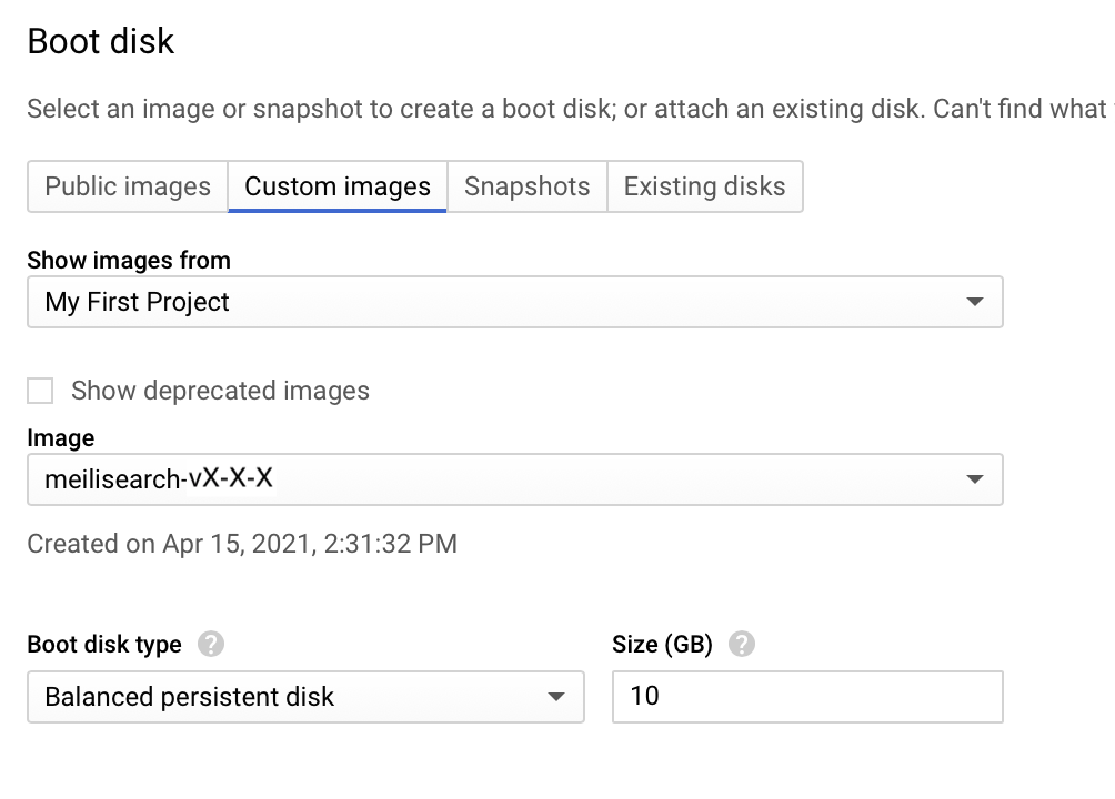 Selecting the Balanced persistent disk Boot disk type and 10GB Size