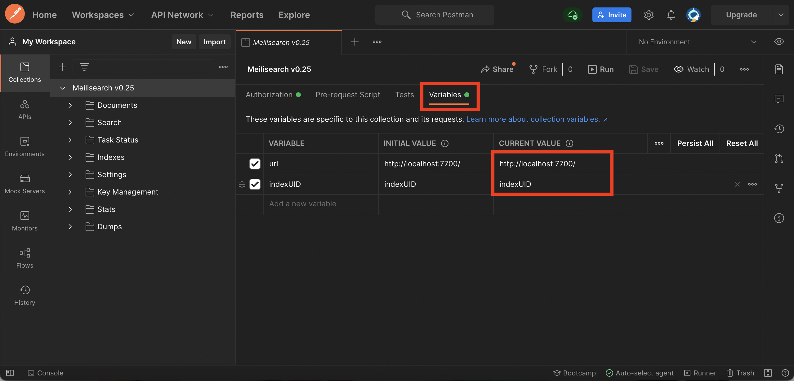 Setting the "url" to http://localhost:7700/ and "indexUID" to indexUId in the Variables tab.