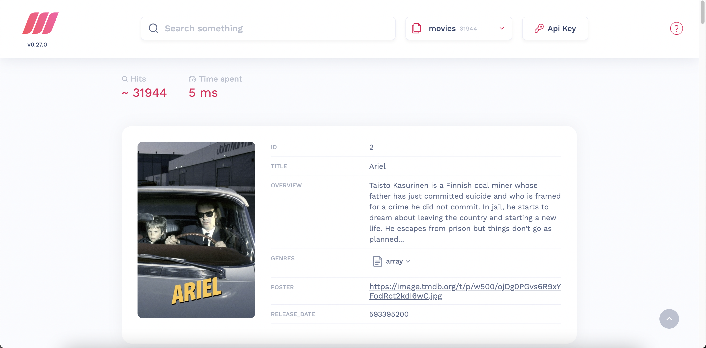 Meilisearch's search preview showing the movies index